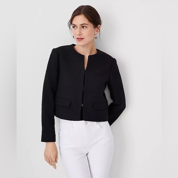 Ann Taylor Petite Black Tweed Cotton Cropped Crew Neck Blazer Suit Jacket - Picture 1 of 12
